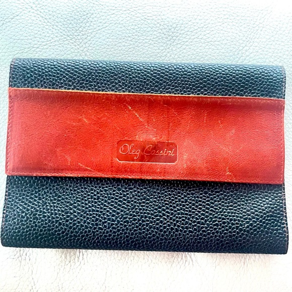Oleg Cassini Black Cognac Pebbled Leather Trifold Wallet Women Men Fiocchi Italy - Picture 1 of 16
